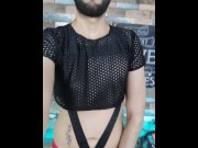 Preview 2 of Jerking My Big Uncut Latino Cock On My Cock Ring Harness Until I Shoot A Big Load And Eat My Cum