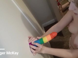 Ginger McKay, solo female, rainbow dildo, small tits