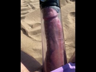 Giant Cock Cumshot on Public Beach - pumped and jerked to cum eruption