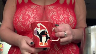 While Making Coffee Filthy Big Tit Mature Can't Stop Playing With Her Pussy And Huge Tits