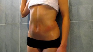 Smearing My Petite Eighteen-Year-Old Girlfriend's Attractive Breasts Abs And Pussy