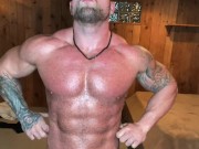 Preview 1 of Cocky Oiled Up Muscle Bear Flexes You!