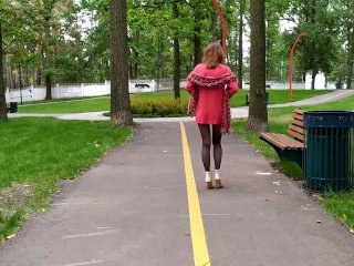 Sluty Teen Girl Walks in the Park in a Micro DressWithout Panties (upskirt,No Panties, Stockings)