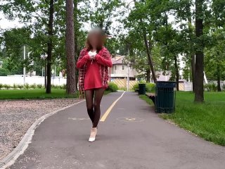 Sluty Teen Girl Walks in the Park in aMicro Dress Without Panties (upskirt,No Panties,Stockings)