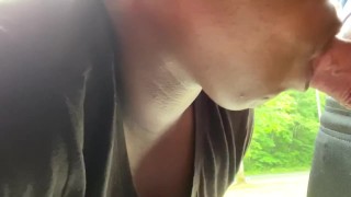 Sucking hubby’s big hard cock in the driveway 