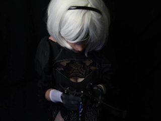 Silicone doll with 2B cosplay gives blowjob to strapon