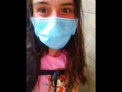Retail Store Public Restroom Pandemic Face Mask Quarantine Cute SCARED Girl Standing up to PEE PISS 