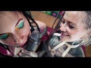Preview 1 of The blowjob - Cinematic BJ TWO girls one GUY - Cumshot in face - Tattoo dreadlocks Bodymodification