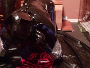 Preview 3 of Chained to the bondage post, rubber gimp pup slave getting relentlessly fucked by the fuck machine