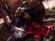 Preview 5 of Chained to the bondage post, rubber gimp pup slave getting relentlessly fucked by the fuck machine