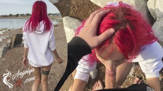 On The Beach A Babe Performs A Public Blowjob On Cum Swallow