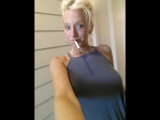 Dirty girl flashes perfect boobs smoking in apartment complex