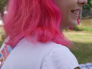 Hot pink hair with butt plug in public park, flashing, dancing, riding bicycle and sucking dick