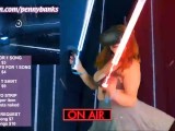 Topless gamer girl playing Beat Saber in bra with HUGE bouncing natural tits