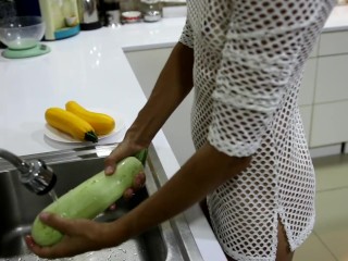 Fast Fuck with Housewife in Sexy Dress during Baking Zucchini