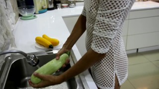 Hasty Sex While Baking Baked Zucchini With A Housewife Wearing A Sexy Dress