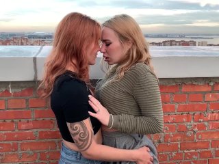 lesbian kissing, Bella Mur, fingering, rooftop