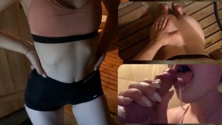 In The Sauna An Athletic Girl Performs A Blowjob With Cum In Her Mouth