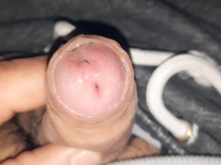 Small uncut grower not shower, precum, slow foreskin rolling close up, glistening precum play