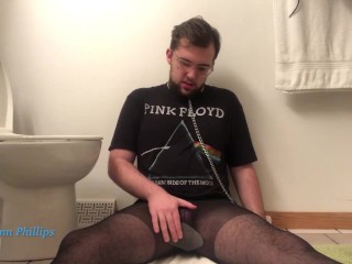 Collared Soft Boy in Nylons Plays with himself
