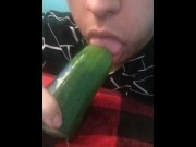 Preview 4 of Teen practices his sucking skills on food