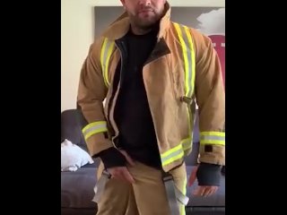Firefighter flashes big uncut cock