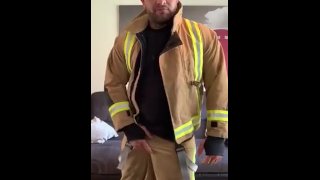 Firefighter flashes big uncut cock