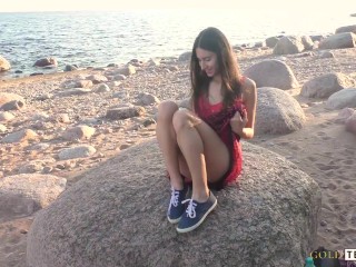 Beautiful Teen Sucks Cock on the Beach. POV