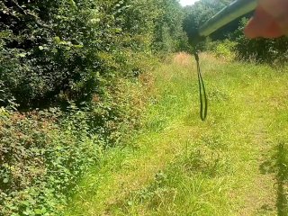 Risky long naked walk on trail  beside river and road