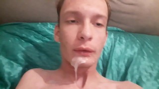 Very Skinny Young Lad Strokes His Cock And Then Shoots Out A Loud In His Mouth CUM IN MOUTH
