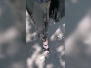 Preview 1 of Girl wearing latex leggings and high heels in public