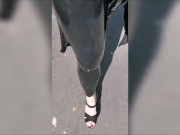 Preview 3 of Girl wearing latex leggings and high heels in public