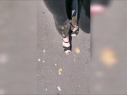 Preview 4 of Girl wearing latex leggings and high heels in public