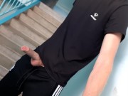 Preview 2 of A guy in sweatpants masturbates a big dick in the entrance