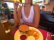 Preview 3 of Eating burger and flashing in the cafe Transparent T-shirt No Bra (teaser)