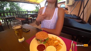 Eating burger and flashing in the cafe Transparent T-shirt No Bra (teaser)