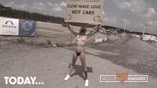 Tesla Protest! Kitty Blair nude in public w/ message for Elon! + Public Fuck! WOLF WAGNER