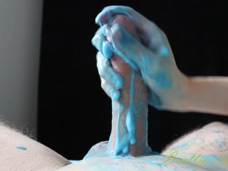 blue paint, fetish, tease denial, sloppy handjob