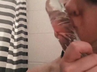 Horny Teen Amateur with Big Boobs Suck Glass Dildo and Fuck Shaved Pussy in Shower and Cum
