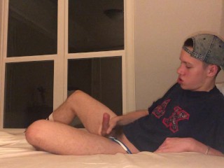 19 Year old College Frat Boy Jesse Gold Jerks of Wearing Jockstrap and Frat Shirt