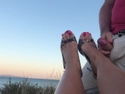 Preview 2 of Cumshot inside Fetish High Heels Shoes and She Wears Them in Public at the Beach