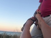 Preview 4 of Cumshot inside Fetish High Heels Shoes and She Wears Them in Public at the Beach