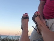 Preview 5 of Cumshot inside Fetish High Heels Shoes and She Wears Them in Public at the Beach