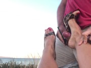 Preview 6 of Cumshot inside Fetish High Heels Shoes and She Wears Them in Public at the Beach