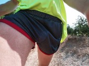 Preview 1 of SO HOT! RUNNING WITH MY ERECT COCK OUT WEARING SHINY SEE THRU COCK SPORT SHORTS
