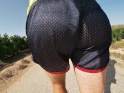 Preview 2 of SO HOT! RUNNING WITH MY ERECT COCK OUT WEARING SHINY SEE THRU COCK SPORT SHORTS