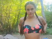 Preview 5 of POV! Barefoot slut in pigtails sucks cock in the wilderness