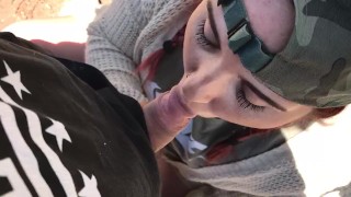Red headed whore sucks my thick cock outside