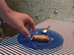 Ejaculate on a cookie and eat his own cum, enjoy breakfast!