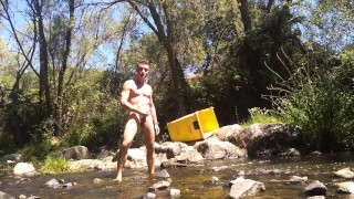 I'm wanking naked in a river until emptying my balls with a great cumshot